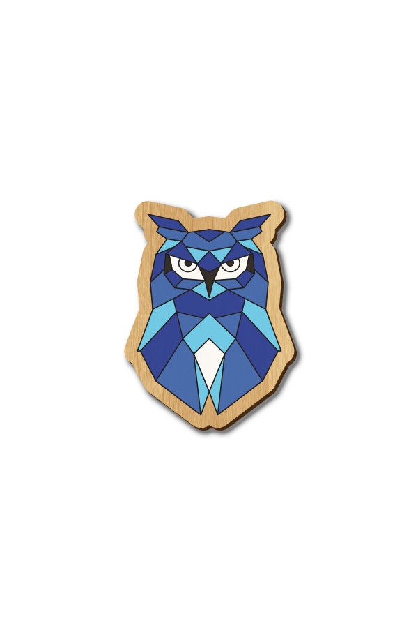 Blue Geometric Owl - Hand-painted Wooden Pin