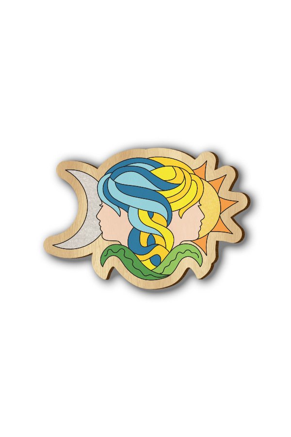 Gemini Zodiac Sign - Hand-painted Wooden Lapel Pin Gemini Zodiac Sign - Hand-painted Wooden Lapel Pin
